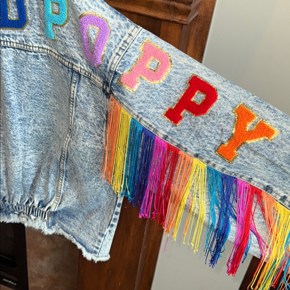Stonewash denim jacket rainbow fringe BiBi Freckled Poppy XL pride cowgirl NWT - Picture 10 of 14